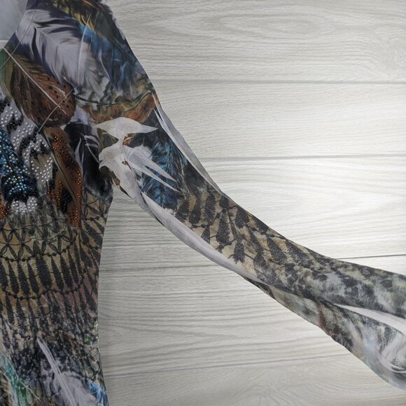 Sheer Sleeve Bling Feather Print Long Sleeve Top - Picture 5 of 11